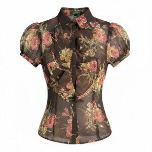 Lauren Ralph Lauren Floral Chiffon Blouse S Ruffle Front Button Short Sleeve